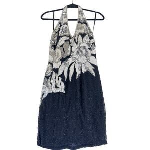 Nite Line Silk Beaded Halter Cocktail Dress Black Silver Floral Sequin Size 6